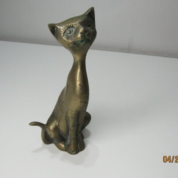 1 Vintage Solid Brass Cat Figurine 7'' Home Decor Cat Lovers - Picture 1 of 7